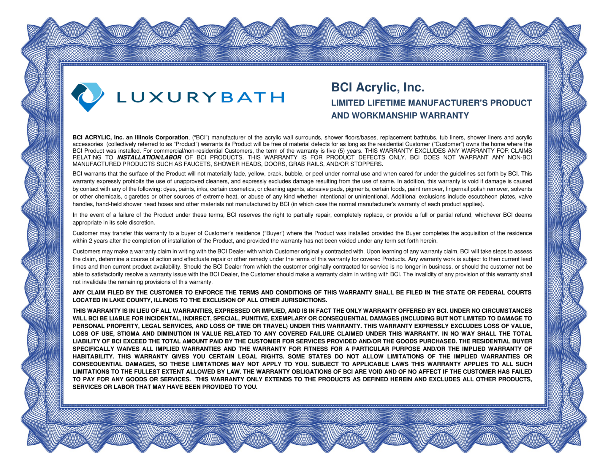 Bath Source Limited Lifetime Warranty